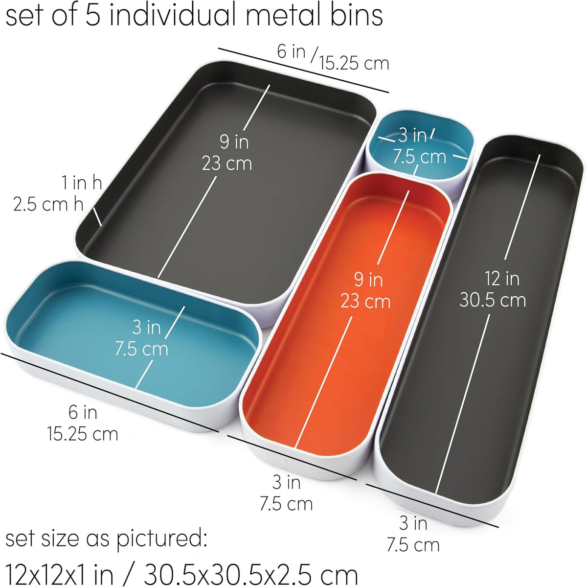 Three by Three Seattle Metal Drawer Organizer Tray Set, 5-Pc, 1" (Gray Mix)