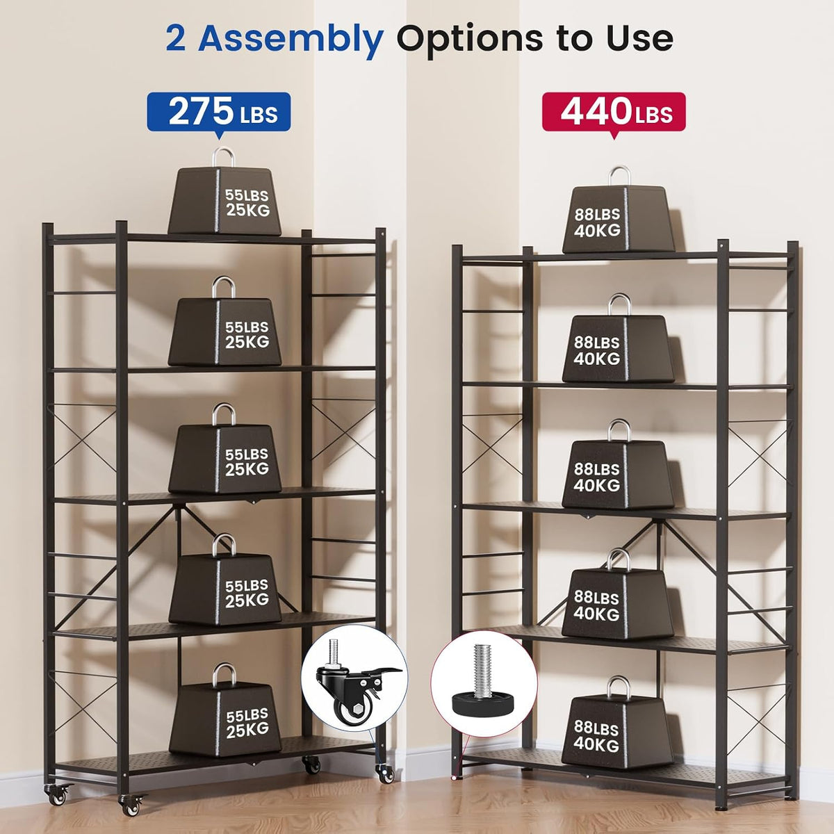 ALANNG 40" W Foldable 5-Tier Storage Shelves on Wheels Adjustable