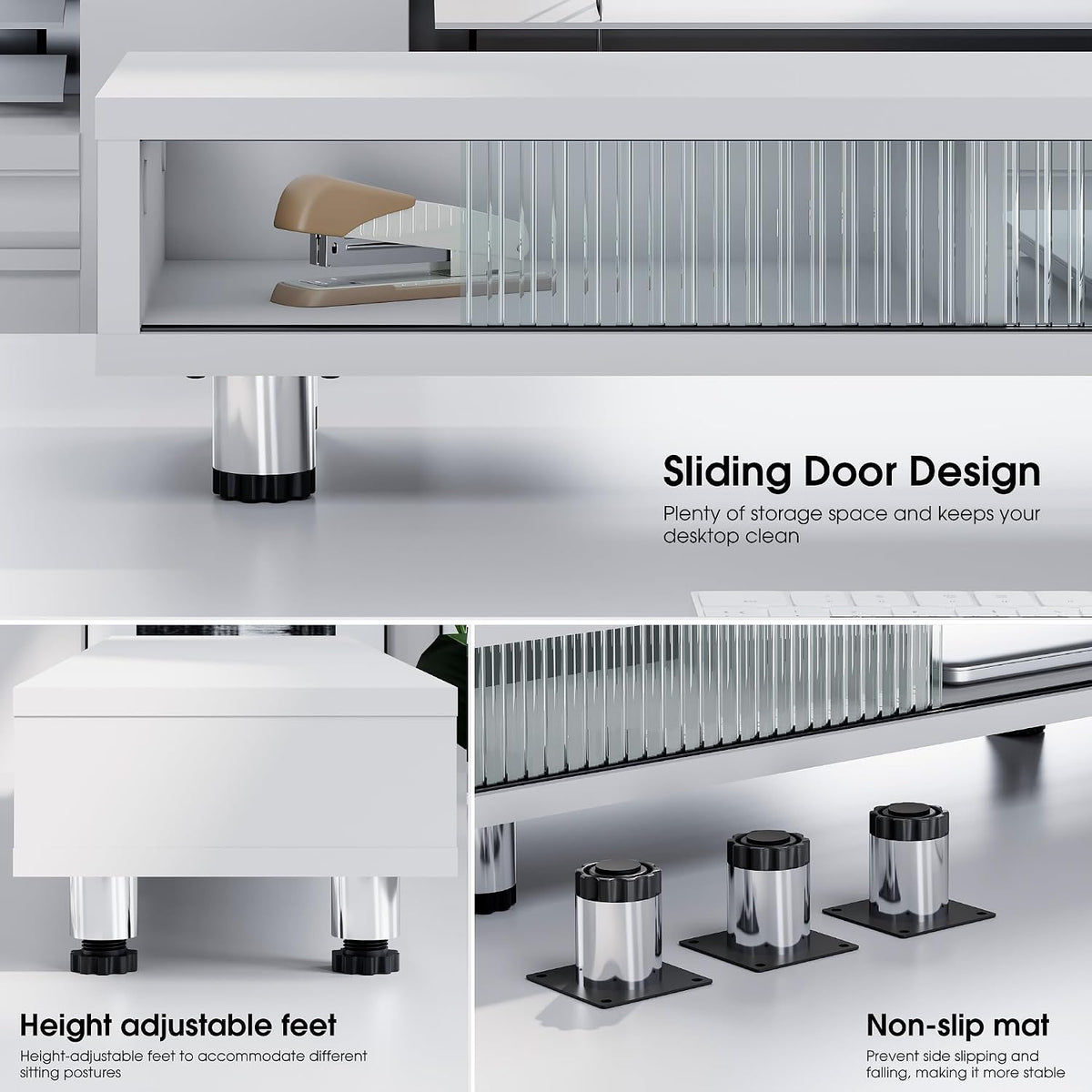 Fenge Dual Monitor Stand with Storage, Desk Shelf with Glass Sliding Door