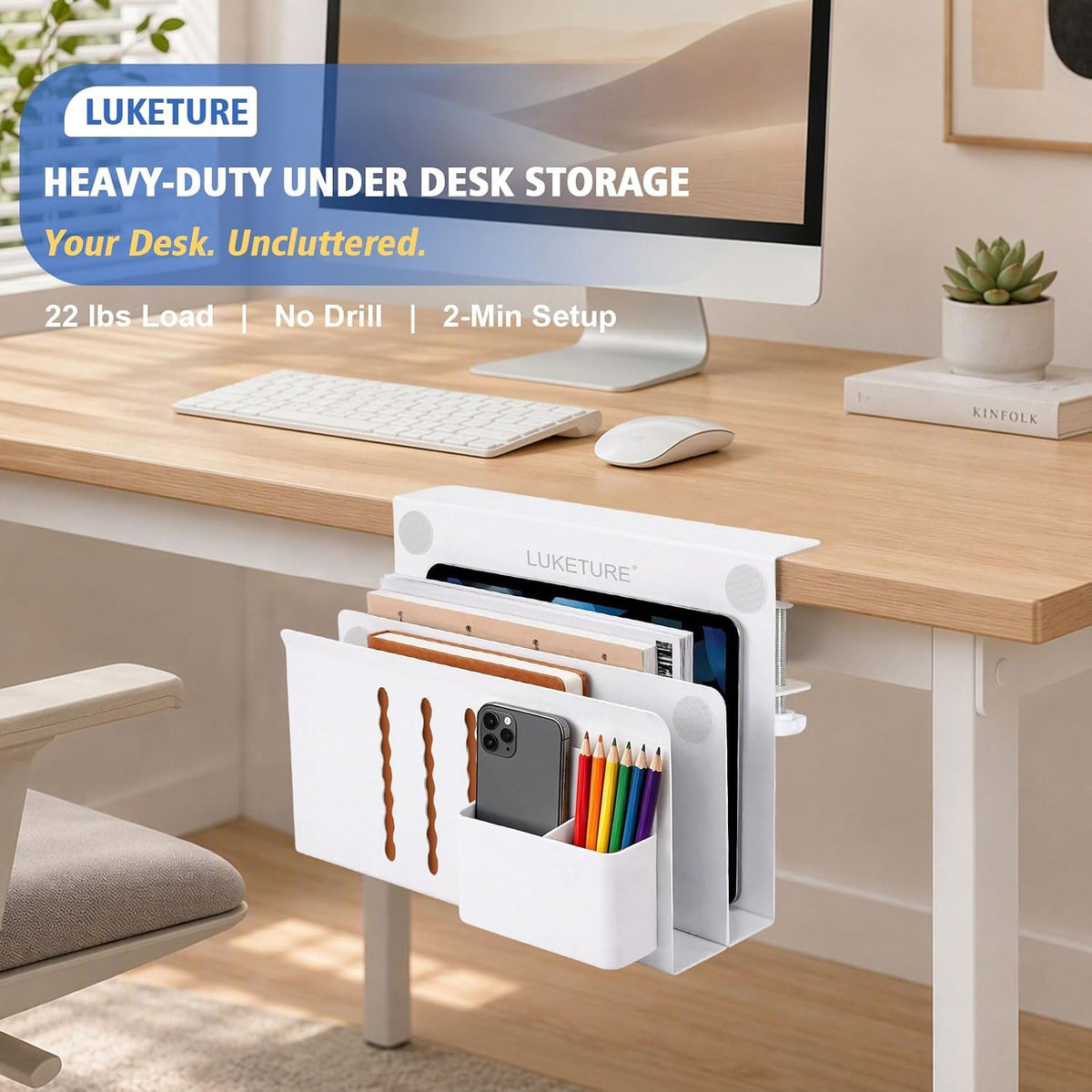 LUKETURE 2 Tier Desk Side Storage, No Drill Laptop Mount with Pen Holder