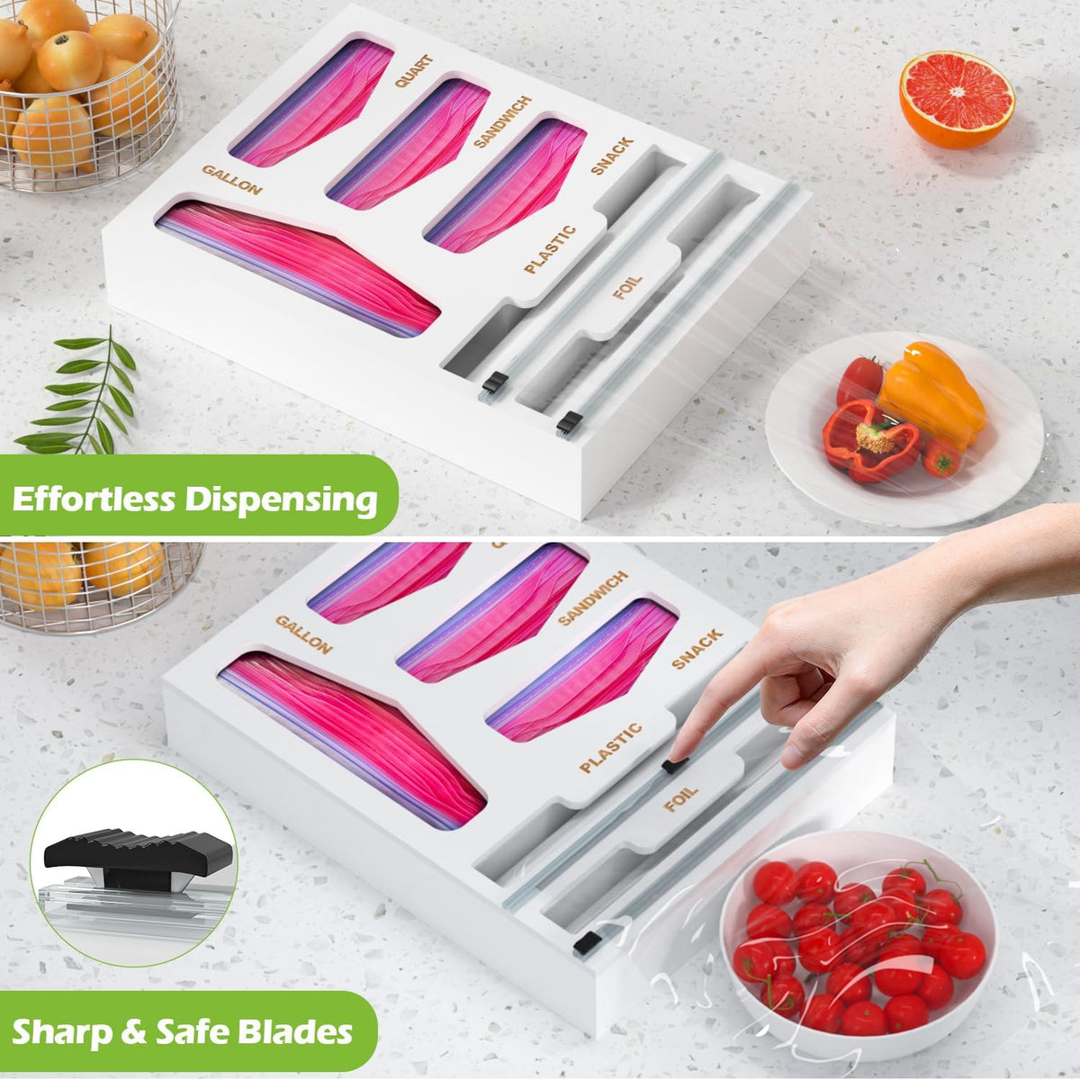 6 in 1 Bamboo Bag Organizer and Wrap Dispenser with Cutters, White