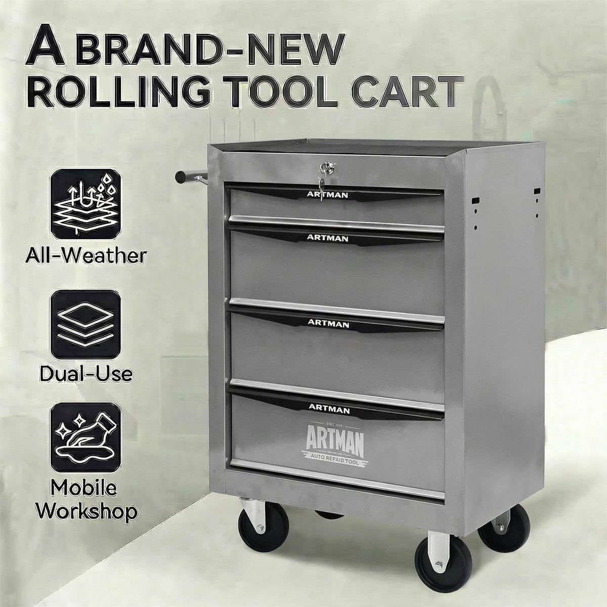 4-Drawer Rolling Tool Chest - Heavy Duty Tool Storage Cabinet with Lockable W...