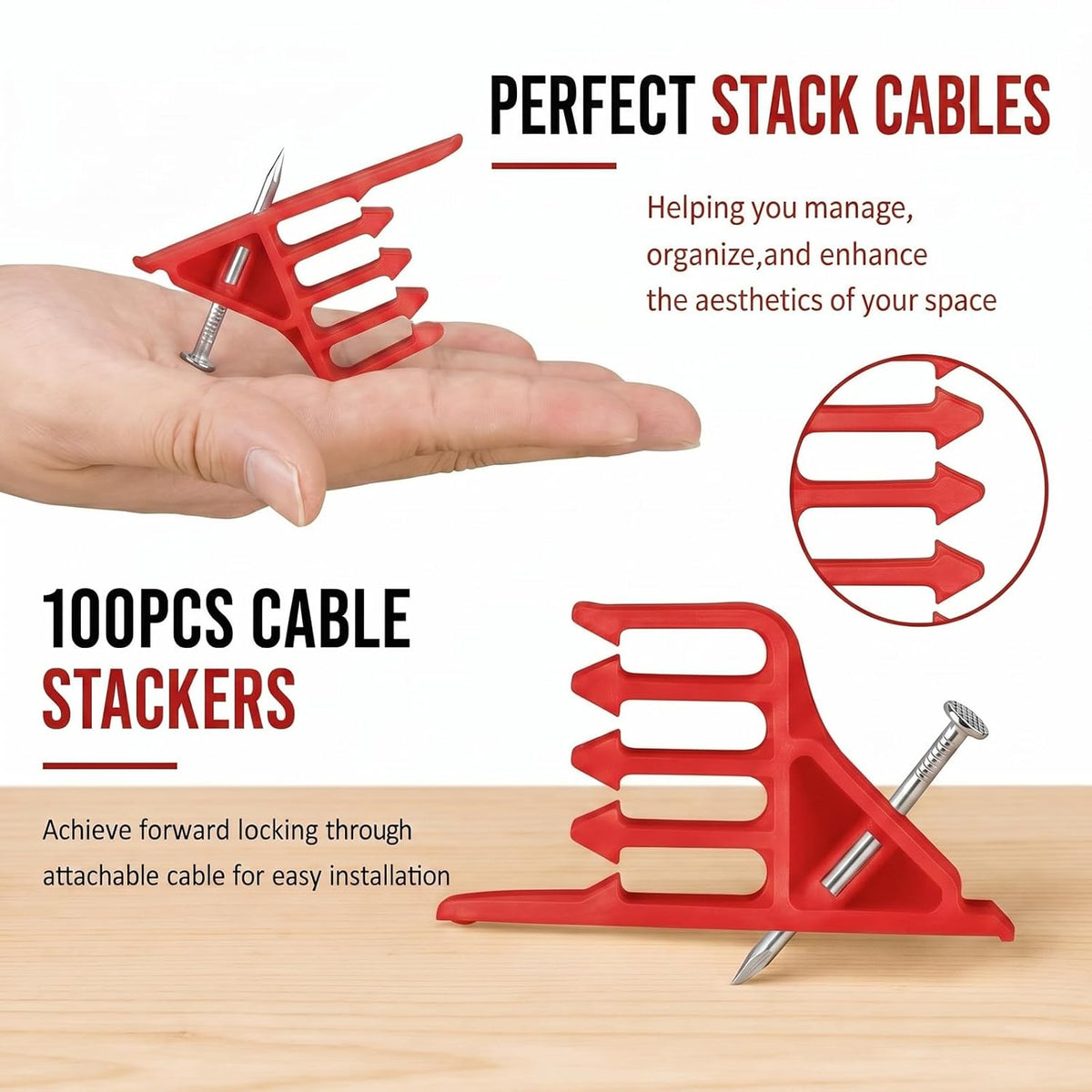 100 Pcs Cable Stacker Wire Staples, Plastic Clips with Nail, Red