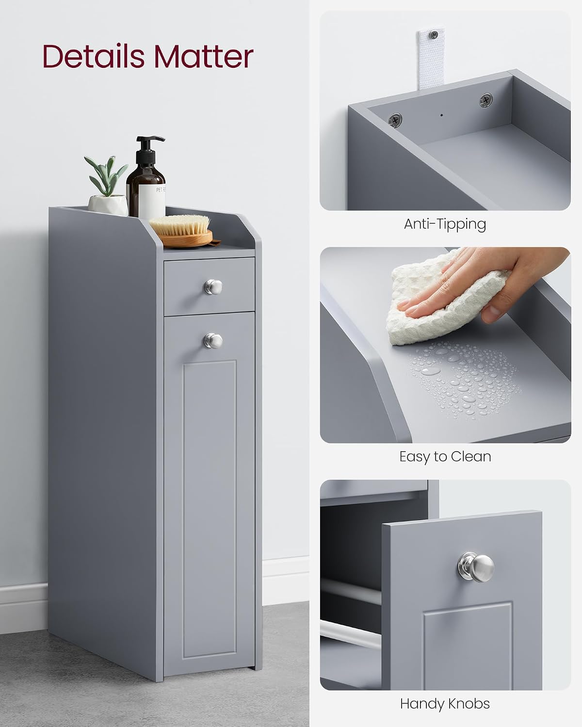VASAGLE Small Bathroom Storage Cabinet, with Slide Out Drawers,Dove Gray
