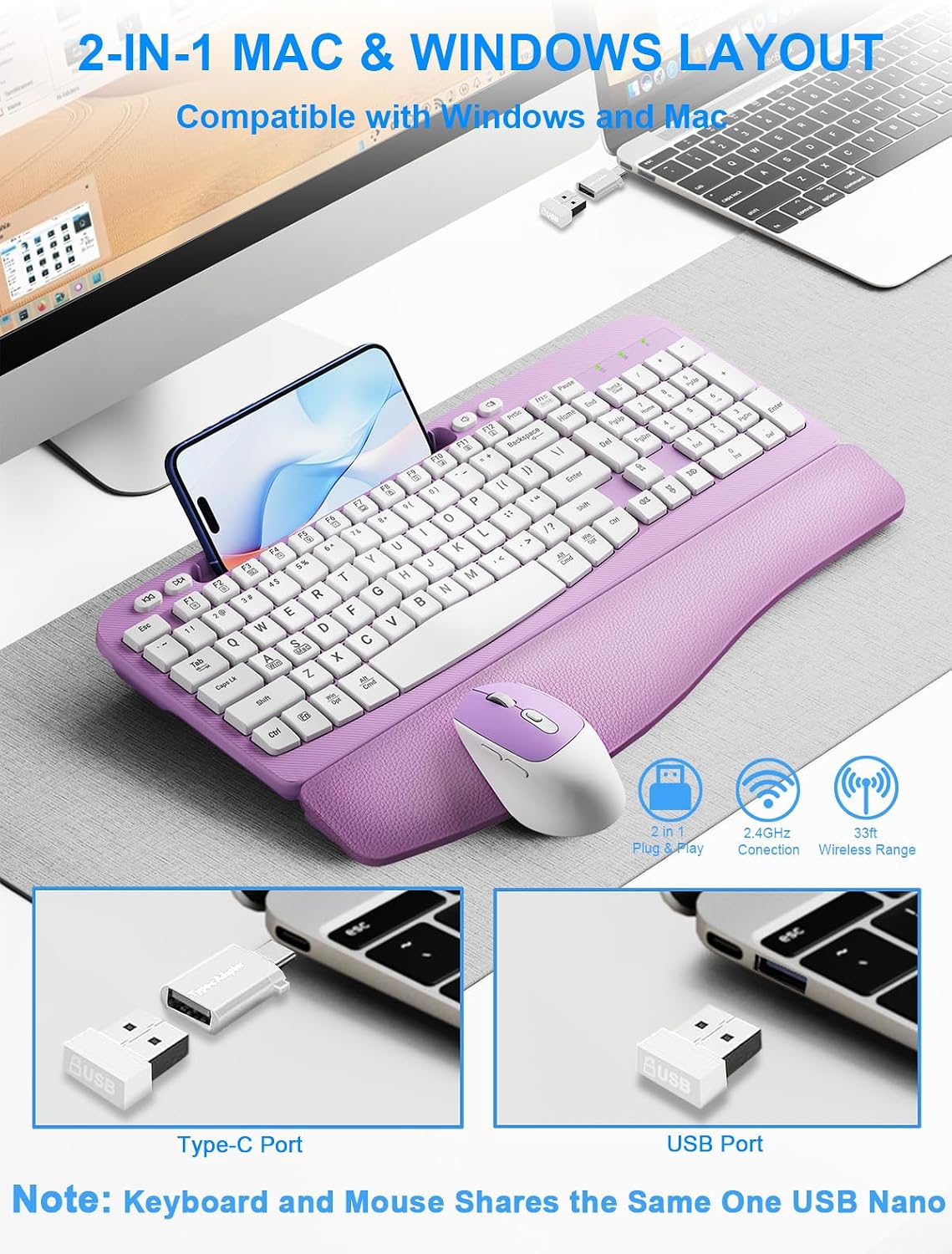 Hayyiesh Ergonomic Wave Keys Wireless Keyboard and Mouse Combo, Full Size wit...