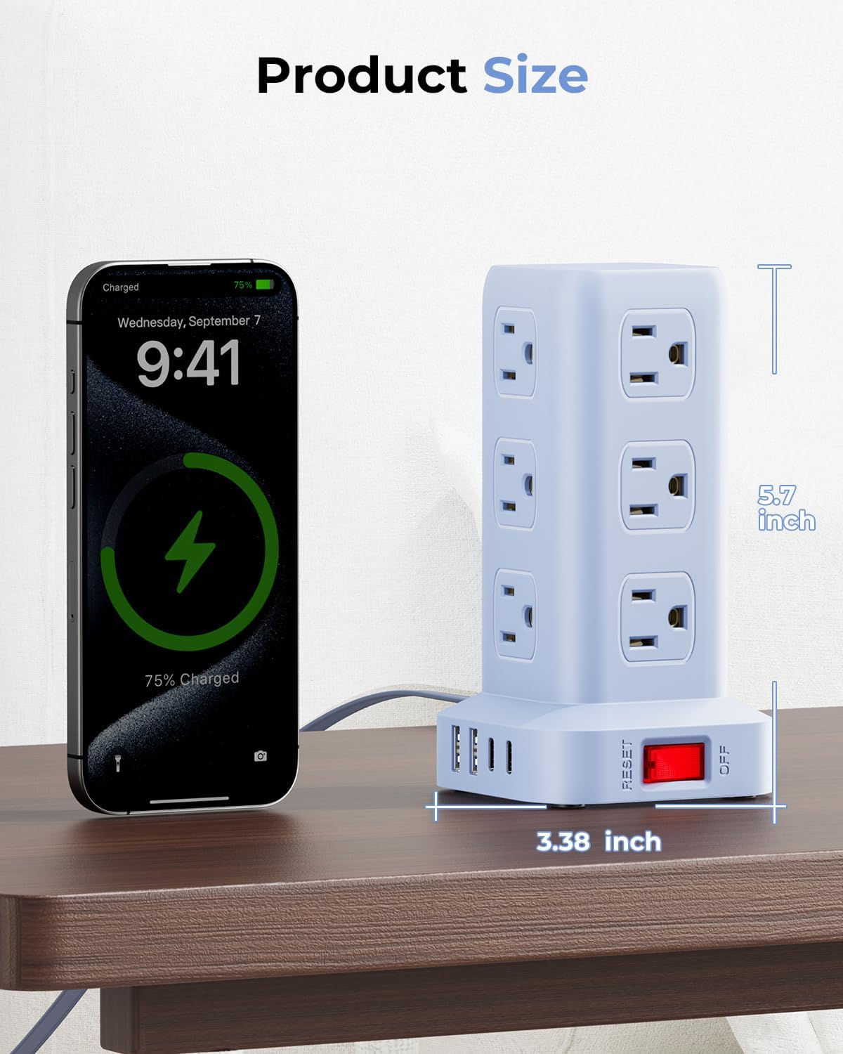Blue Power Strip with 12 Outlets 4 USB (1 USB C), 6.5Feet Extension Cord with...