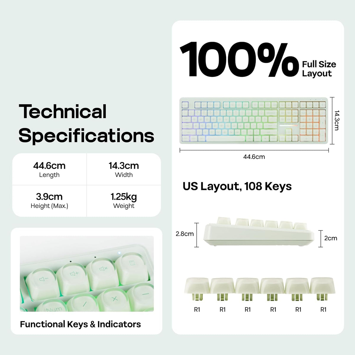 MechLands M108 100% Full Size Silent Office Keyboard with Number Pad