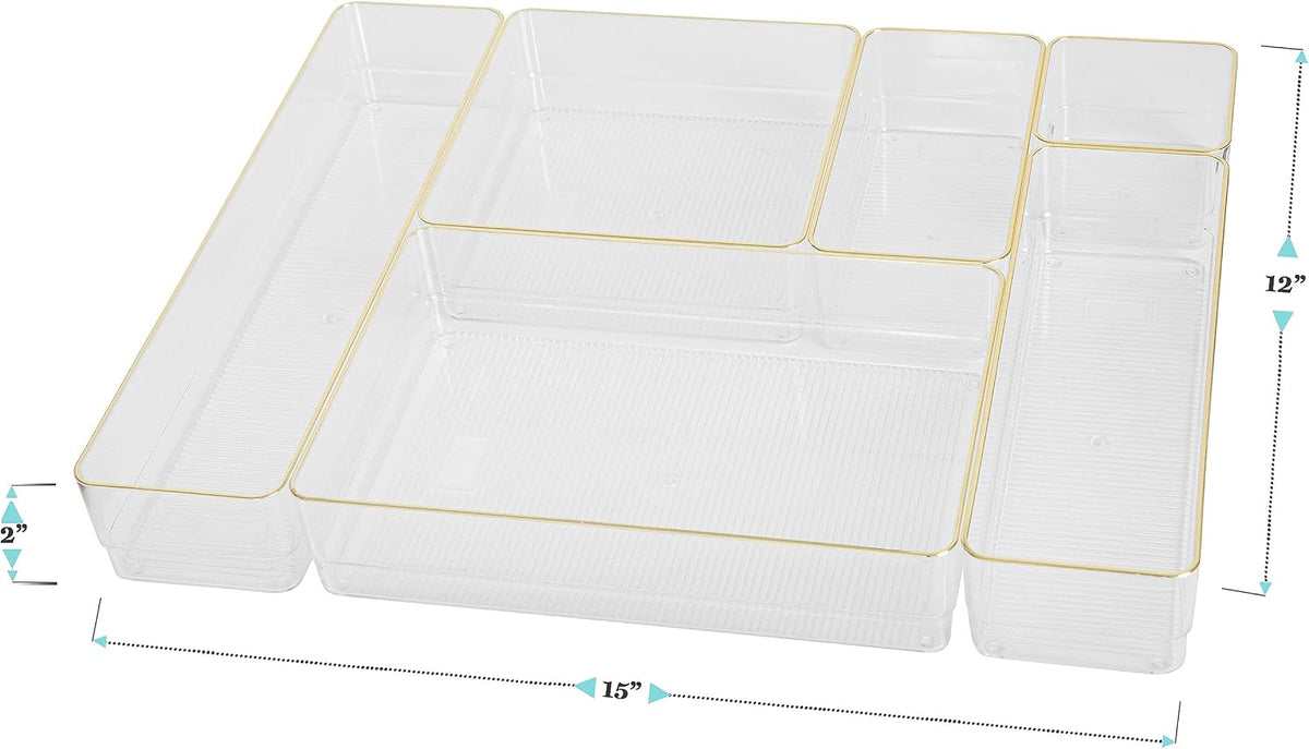 Martha Stewart Kerry Stackable Desk Drawer Organizers, Clear/Gold, 6-Pack