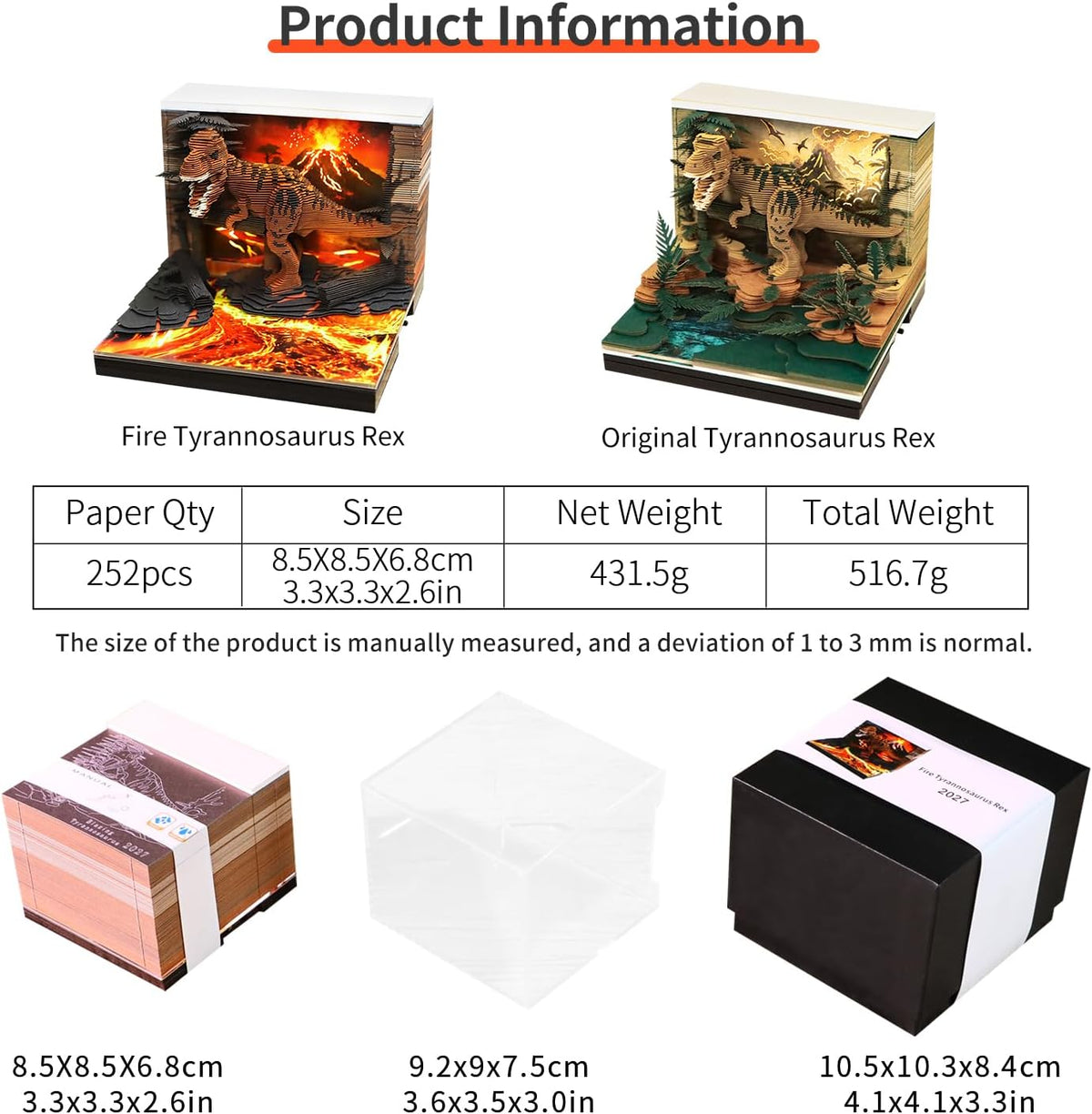 3D Dinosaur Calendar 2027 Time Piece Memo Pad with LED Light