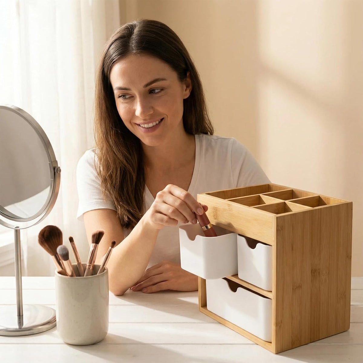 Small Bamboo Makeup Organizer(5.7" D x 8" W x 7.5" H)