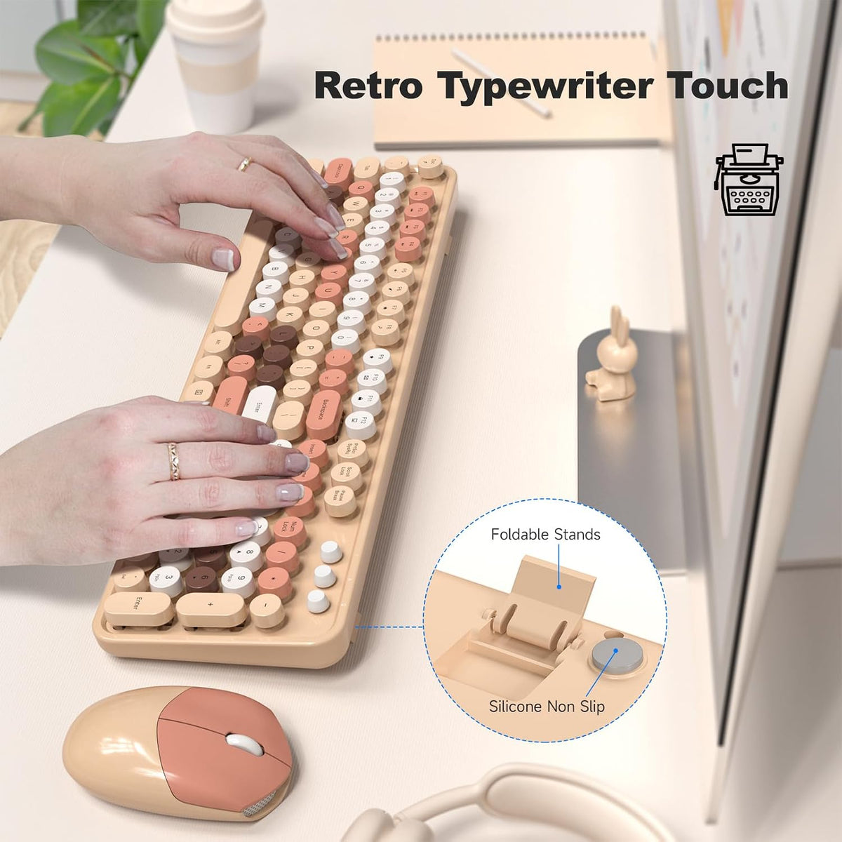 Wireless Keyboard and Mouse Combo, 2.4GHz Retro Full-Size Typewriter Keyboard...