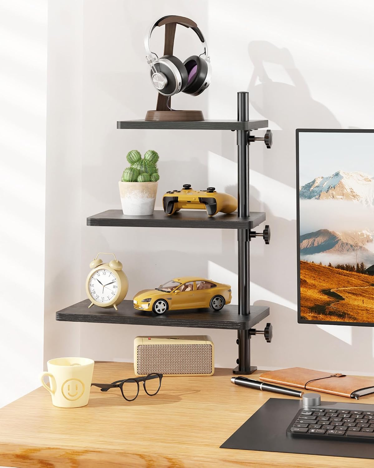 3 Tiers Clamp On Desk Shelf, 360° Angle Adjustable Desktop Shelf Organizer fo...