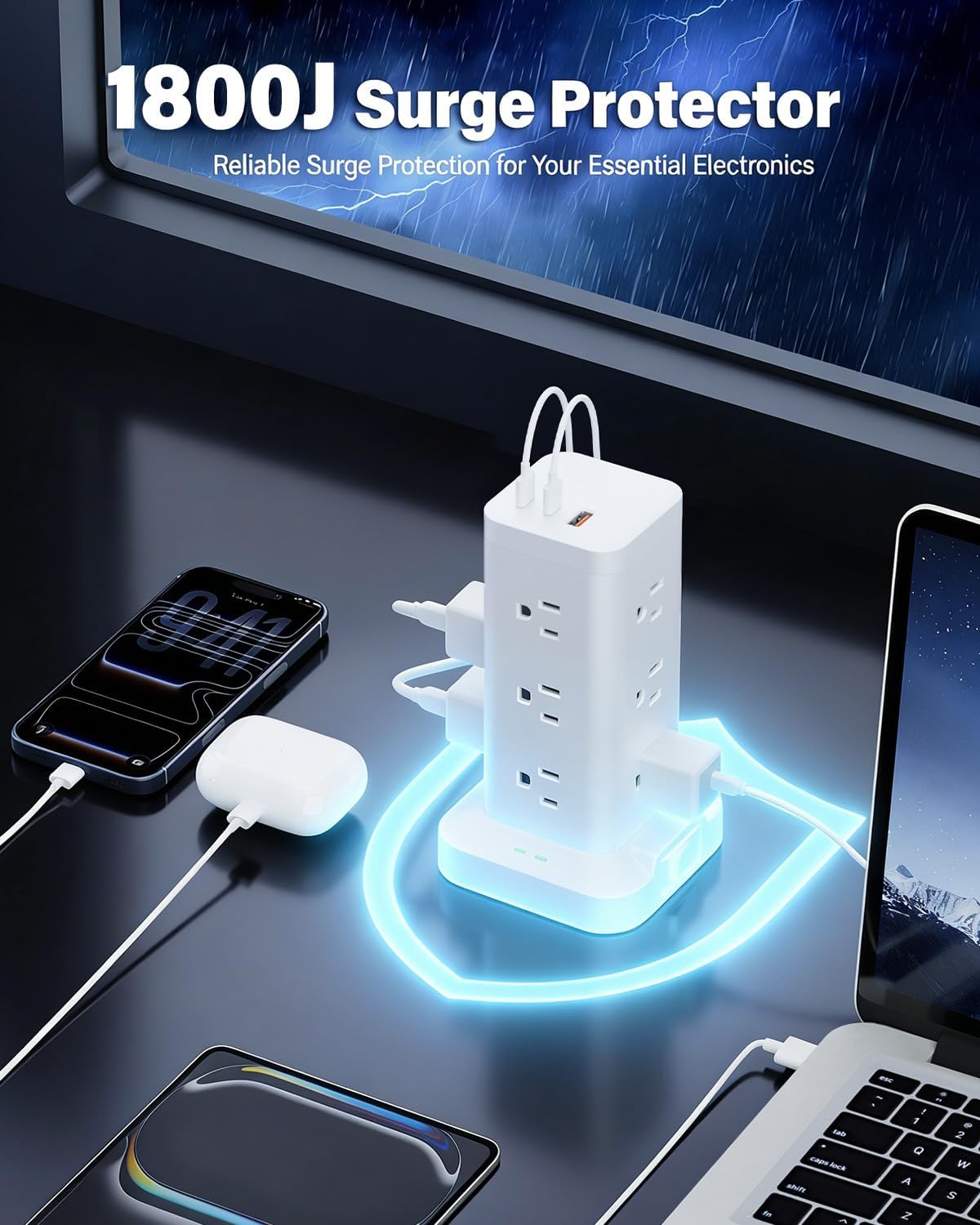 12AC 3USB Power Strip Tower Surge Protector, Extension Cord 10ft, White, 1