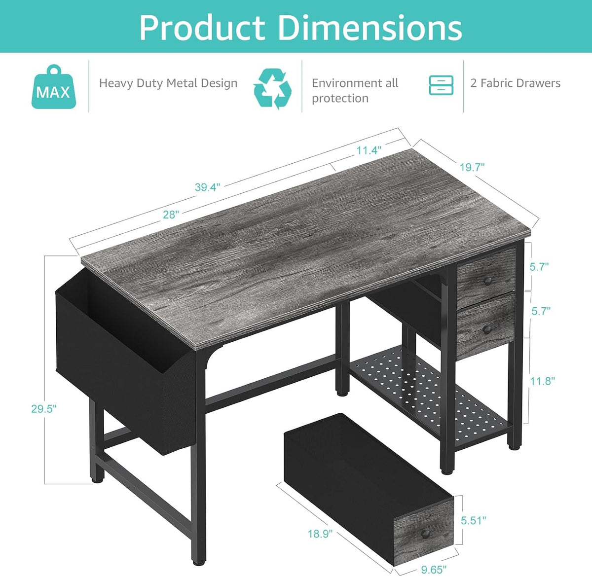 Lufeiya Computer Desk with Fabric Drawers, 40 Inch Gaming Desk for Small Spac...