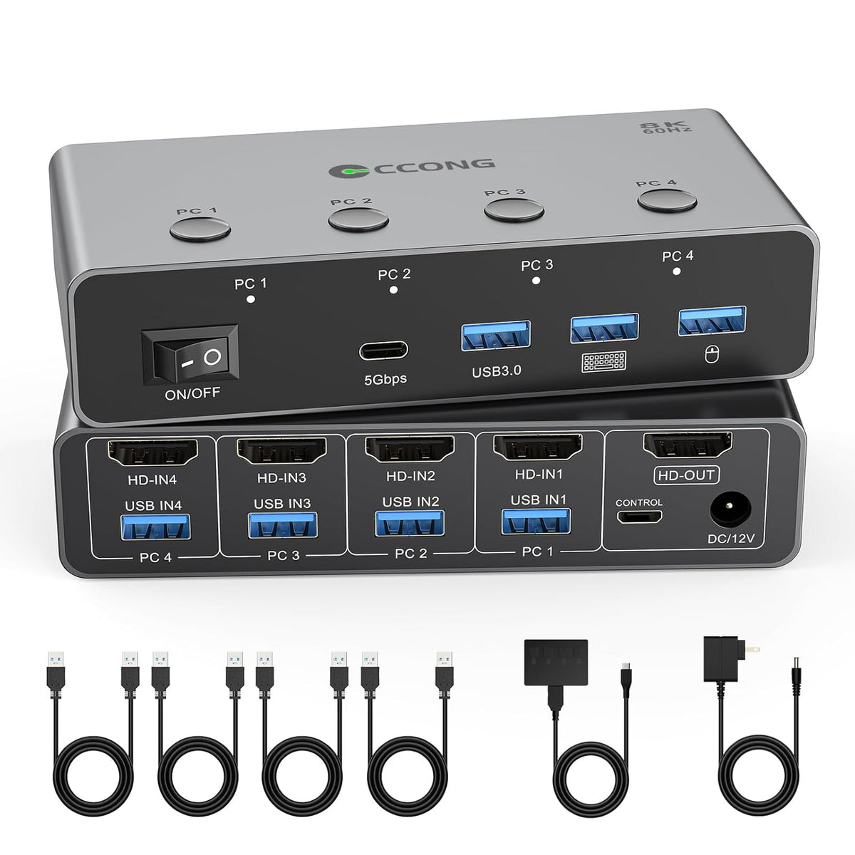 5G USB3.0 HDMI KVM Switch 4 Computers 1 Monitor, KVM Switch 4 Port,8K60Hz