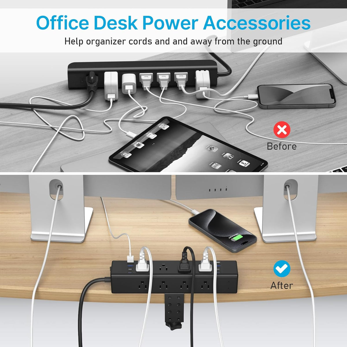 CCCEI 45W Per Side USB-C Desktop Outlet Station, Clamp Power Strip Surge Prot...