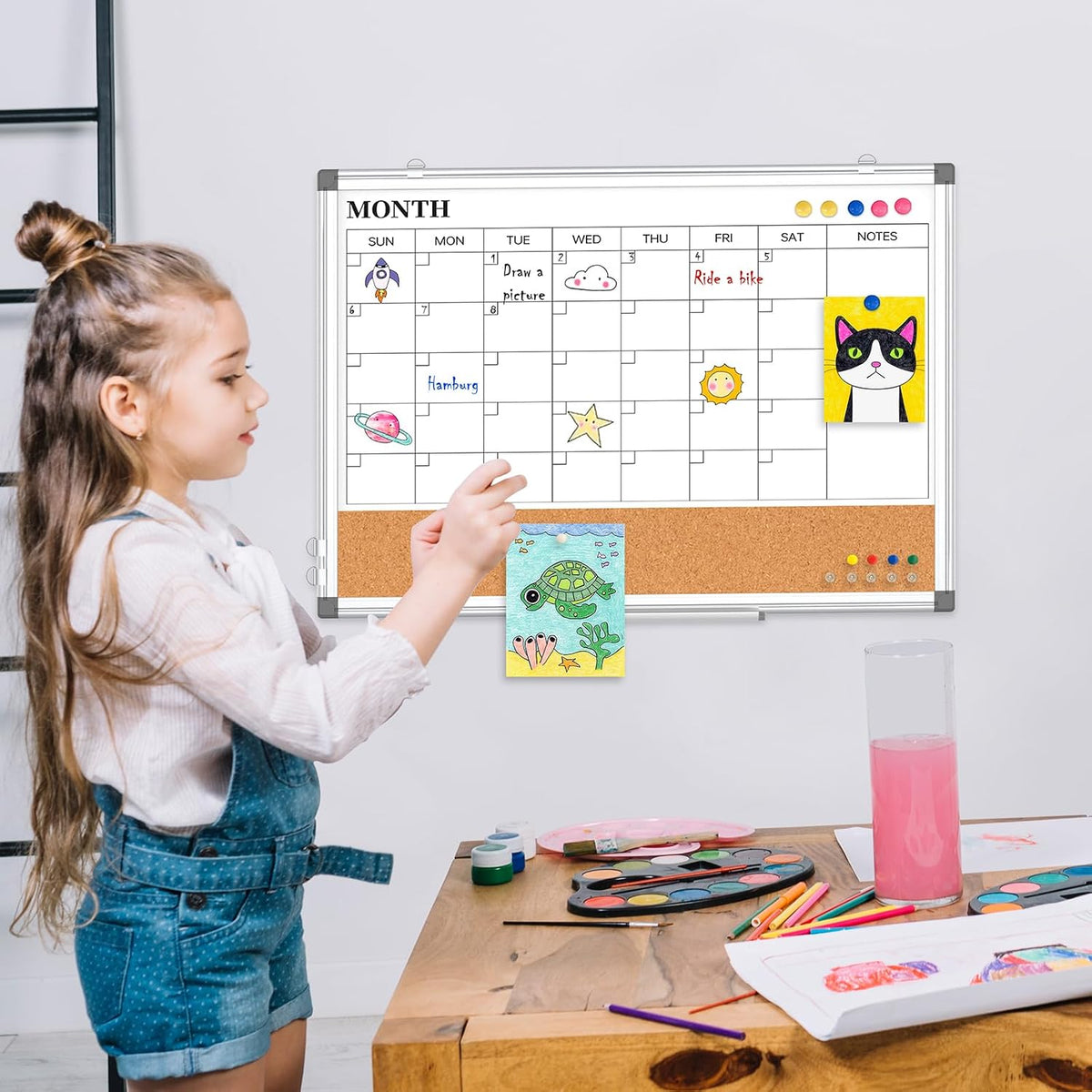 Dry Erase Calendar Whiteboard for Wall, 24" x 18" Monthly Cork Whit...