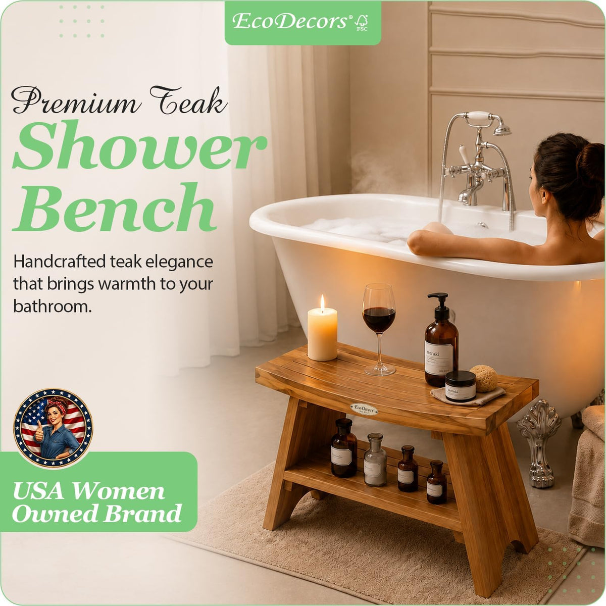 EcoDecors Serenity 30-Inch Teak Shower Bench with Shelf, 300 lb