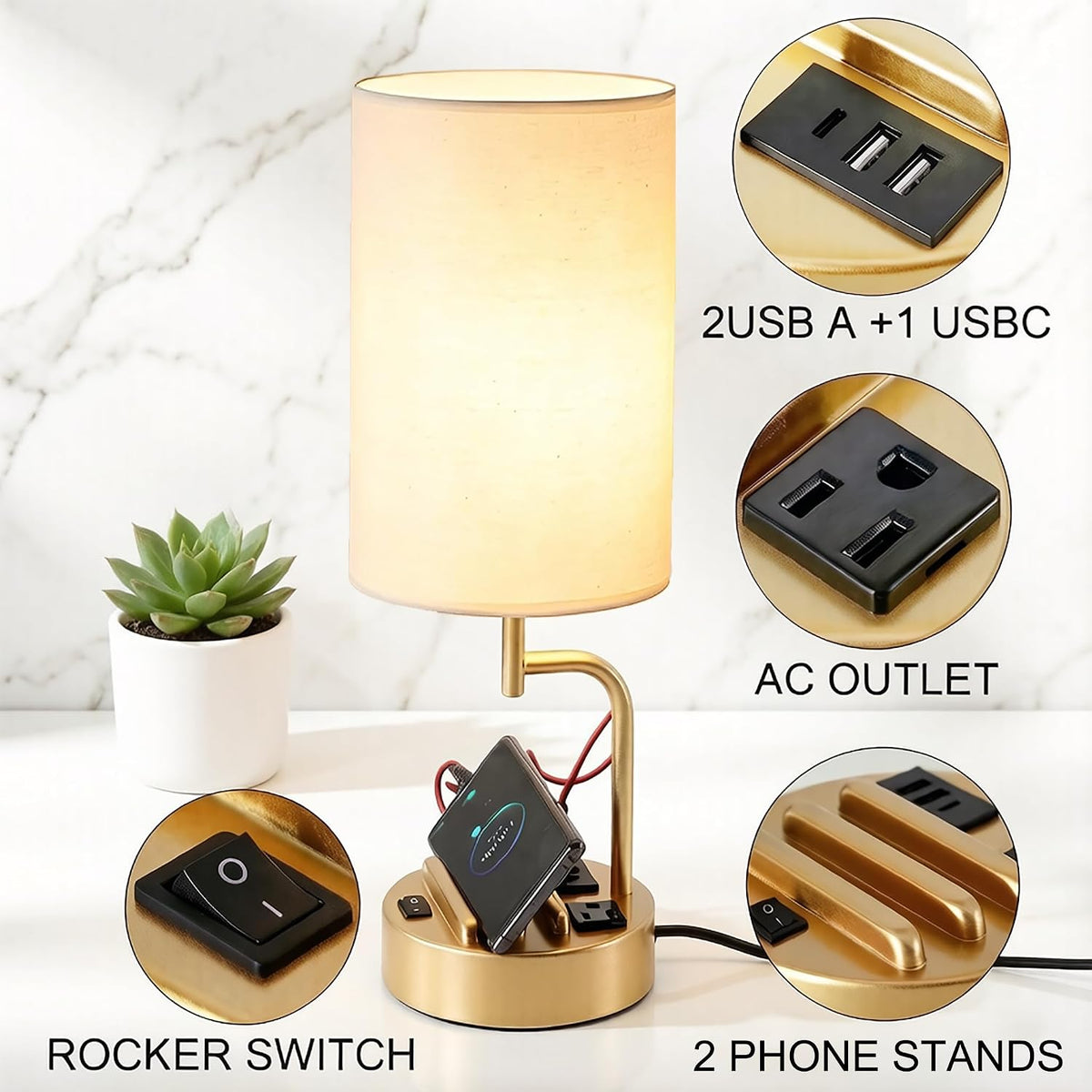 Dreamholder 2 Pack Table Lamp, Bedside Lamp with 3 USB Charging Ports & A...