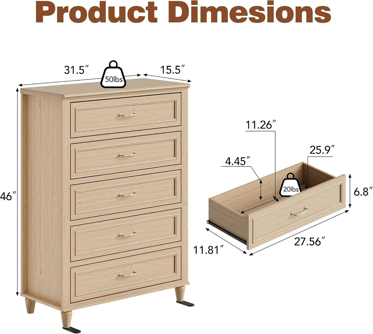 5 Drawer Dresser for Bedroom, 31.5" Wide Modern Closet Chest of Drawers ...