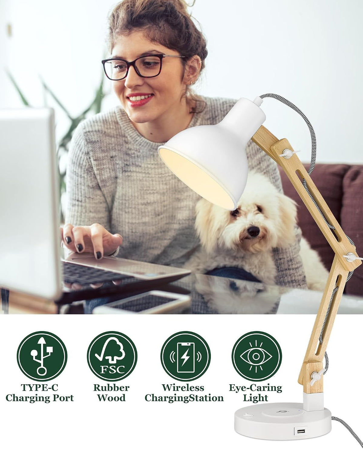 ELYONA Japandi White Desk Lamp with Wireless Charger, Solid Wood Table Lamp w...