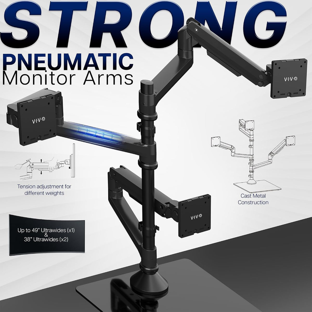 VIVO Pneumatic Arm Triple Ultrawide Monitor Desk Stand for Up to 49 inch Scre...