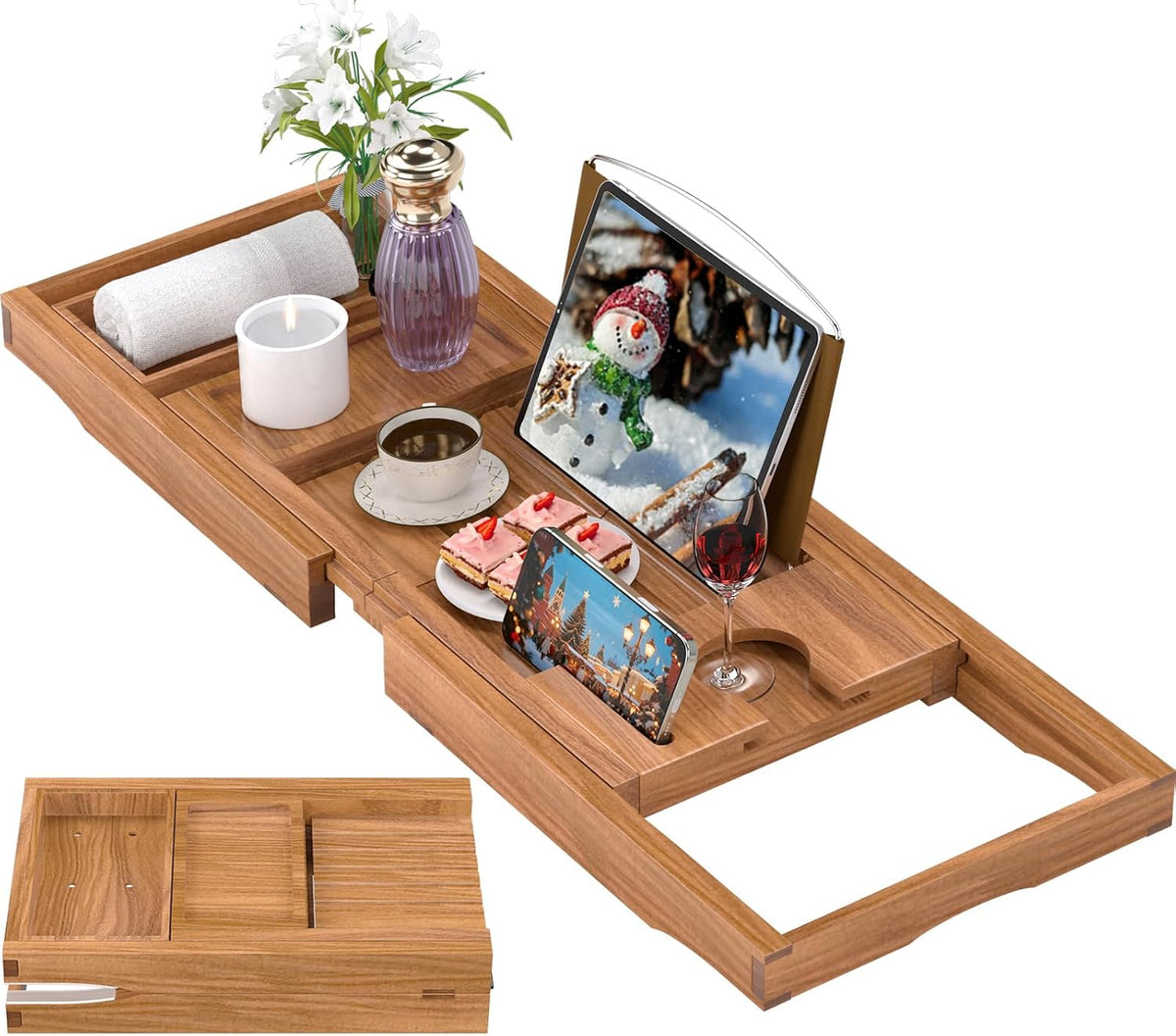 Bathtub Tray Caddy, Expandable Teak Wood Bath Tray for Tub