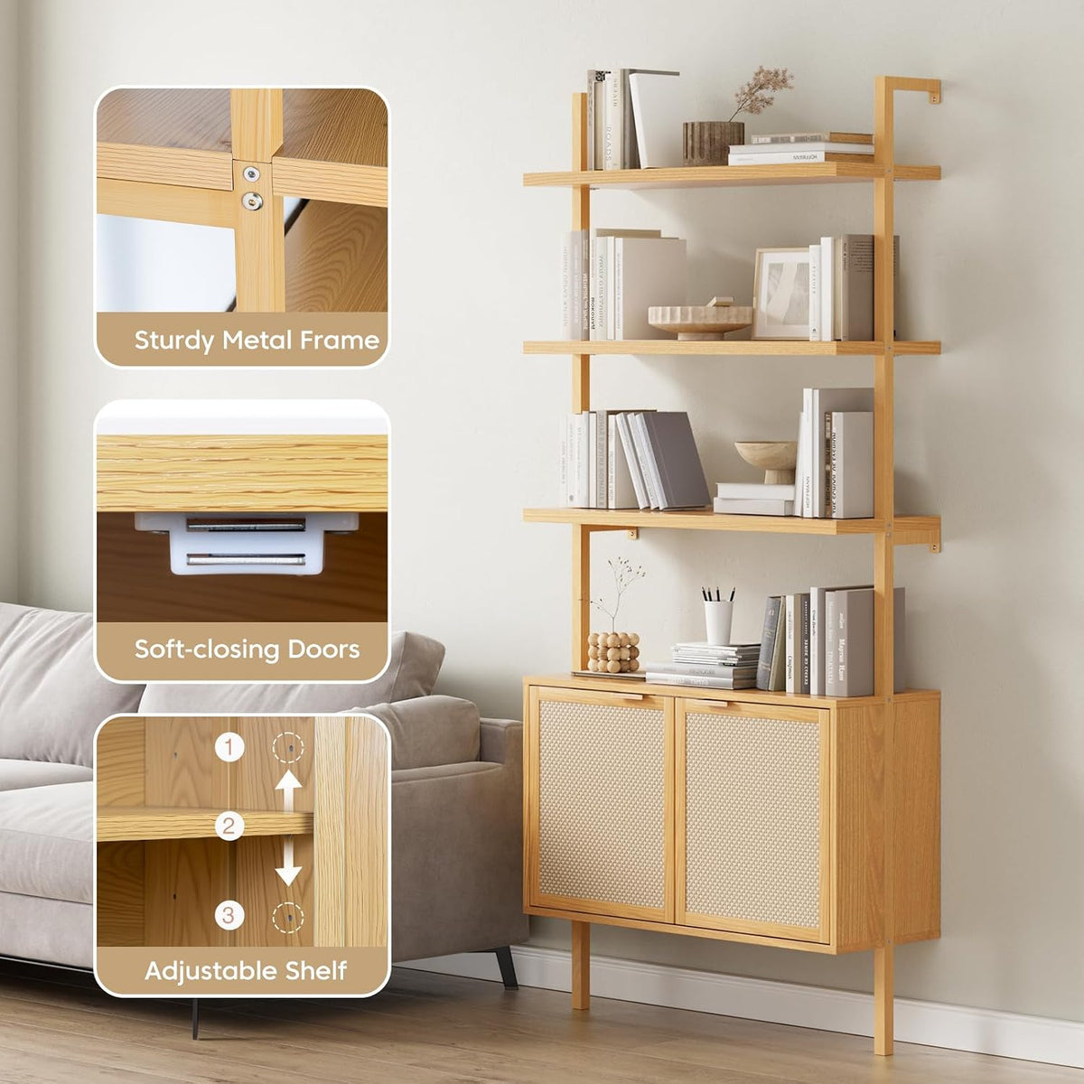 71in Rattan Ladder Bookshelf - 31.5in Wide Book Shelf with Storage, 6-Tier Bo...