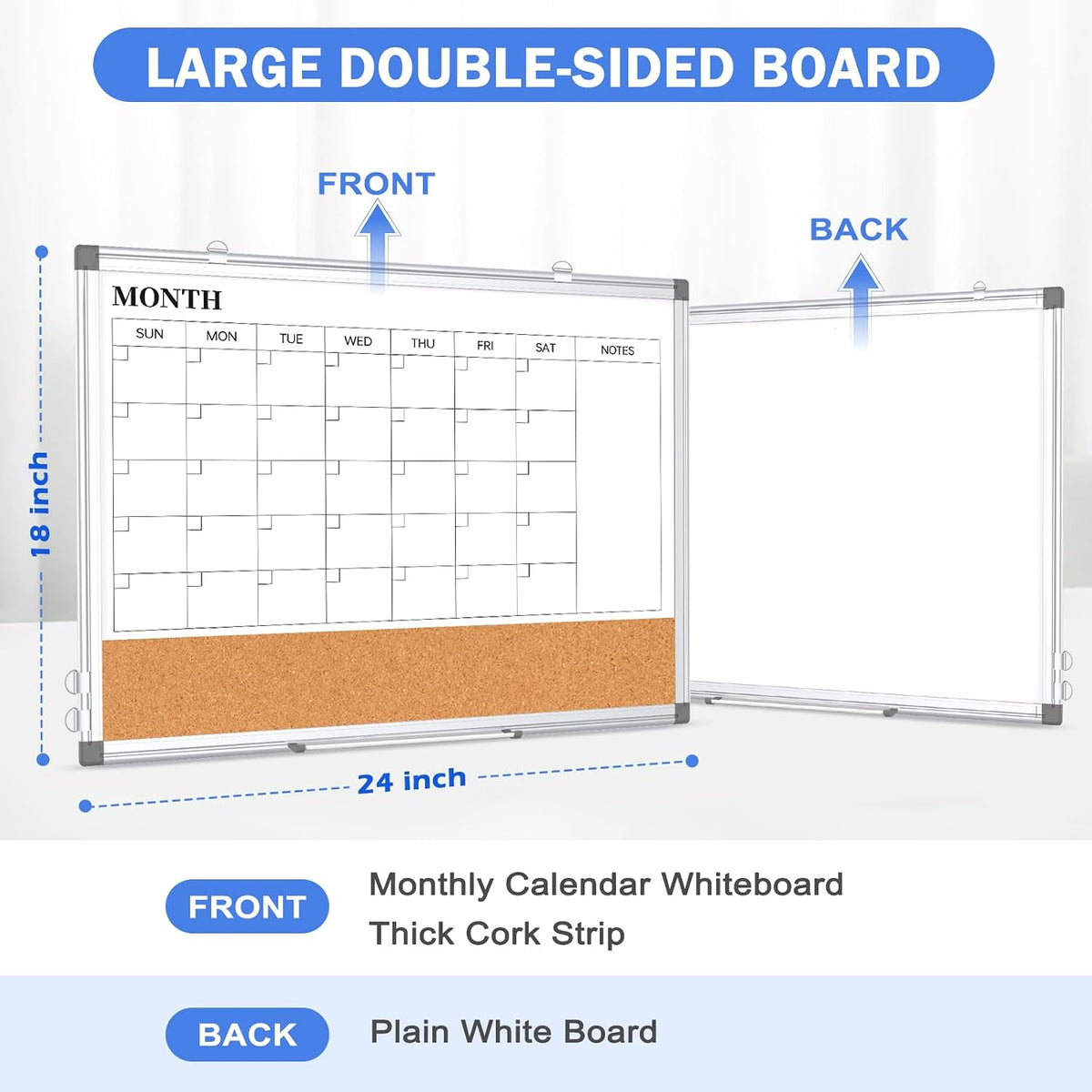 Dry Erase Calendar Whiteboard for Wall, 24" x 18" Monthly Cork Whit...