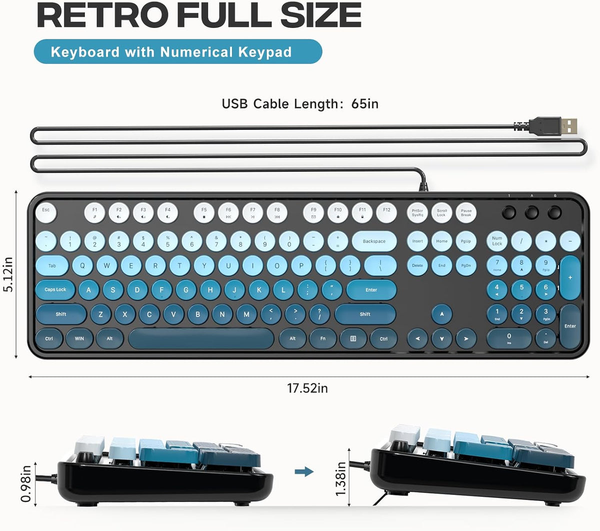 MOFII Computer Keyboard Wired,Round Key Retro Typewriter Keyboard Full Size