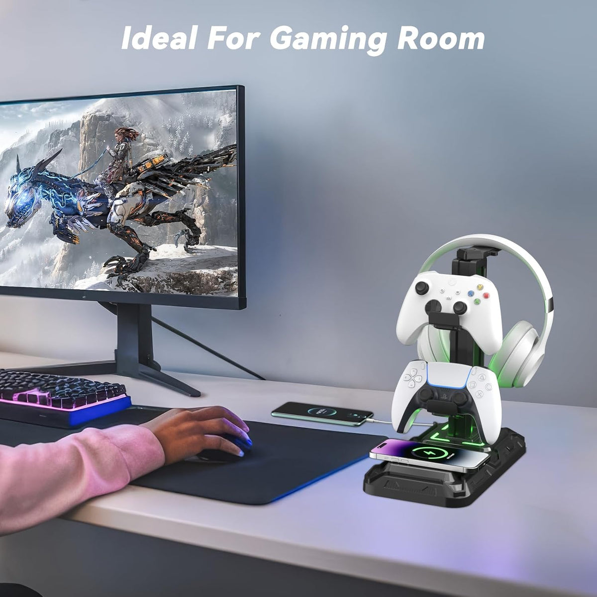 KDD Headphone & Controller Stand with Wireless Charging - Rotatable Heads...