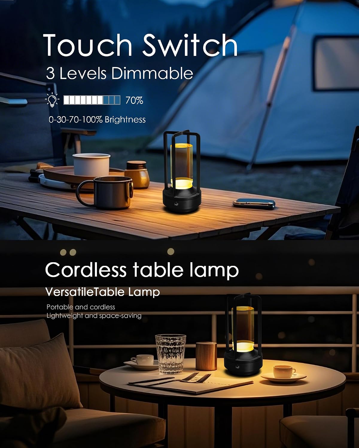 Set of 2 Cordless Table Lamps Rechargeable Desk Lamps Black