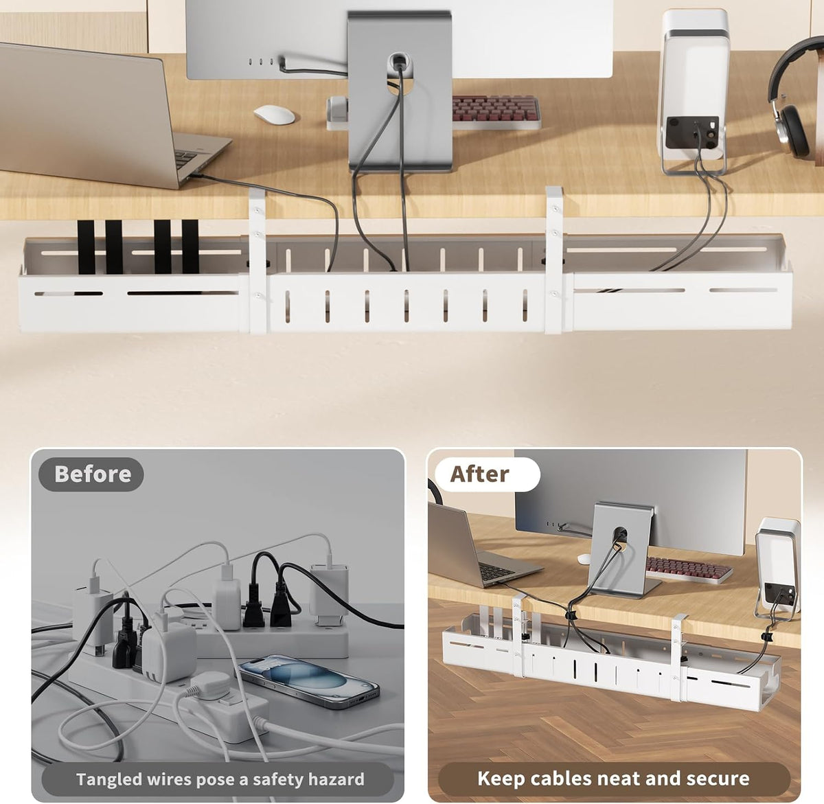 Under Desk Cable Management Tray,Expandable 25.2" – 38.6",White