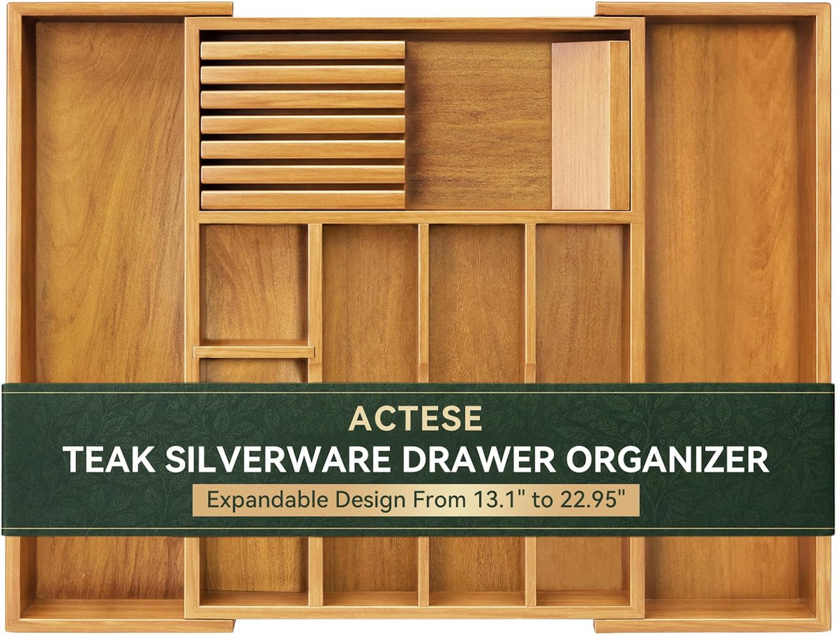 Luxury Teak Expandable Kitchen Drawer Organizer - Cutlery & Utensil Tray