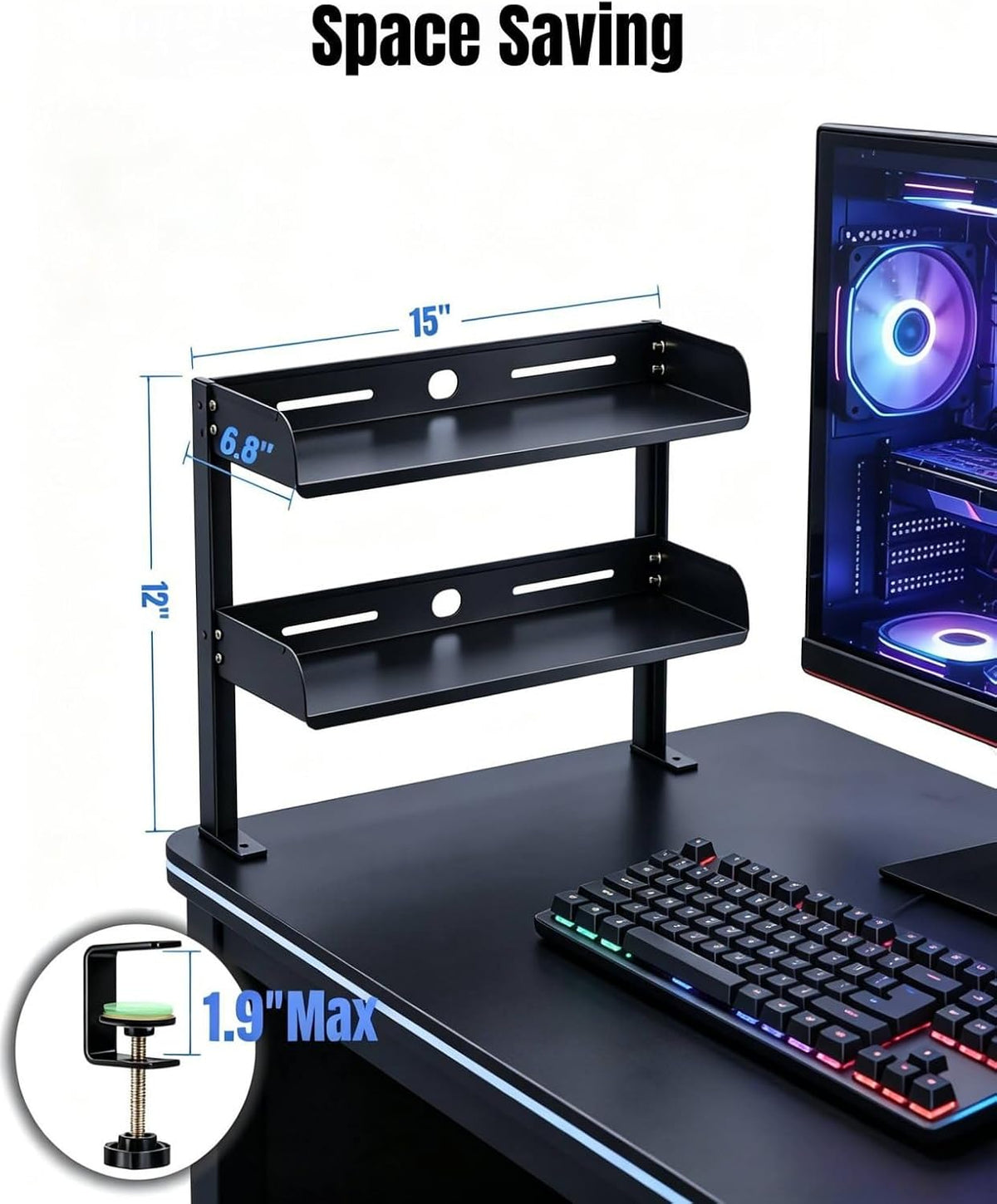 Yuxh Clamp on Desk Shelf 2‑Tier, Black, Small