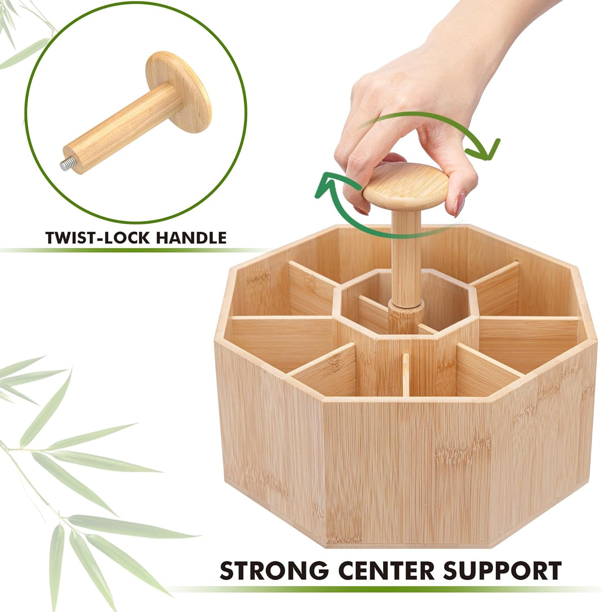 CraftGenes Bamboo Rotating Pen Organizer for Desk with 10 Compartments