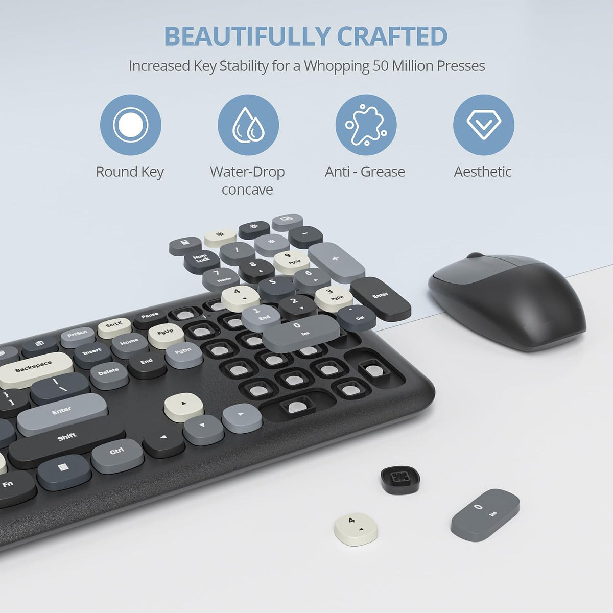 Surmen Colorful Black Quiet Keyboard and Mouse Wireless, Full-Size Girly Slie...