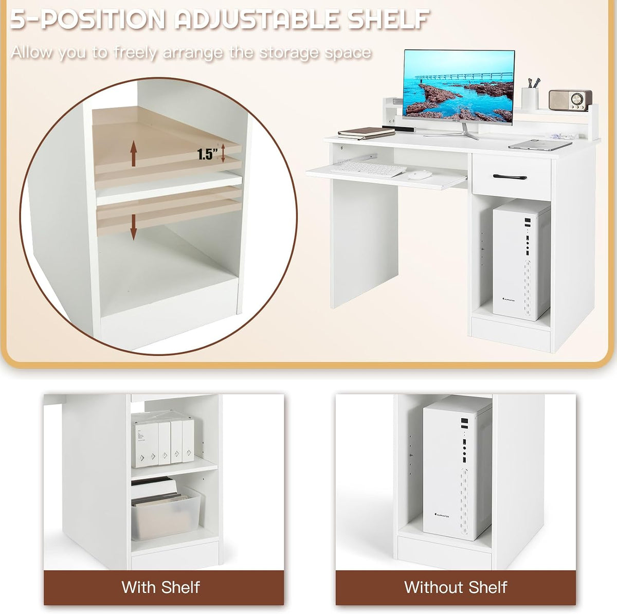 Computer Desk with Hutch & Keyboard Tray, Home Office Workstation with Dr...