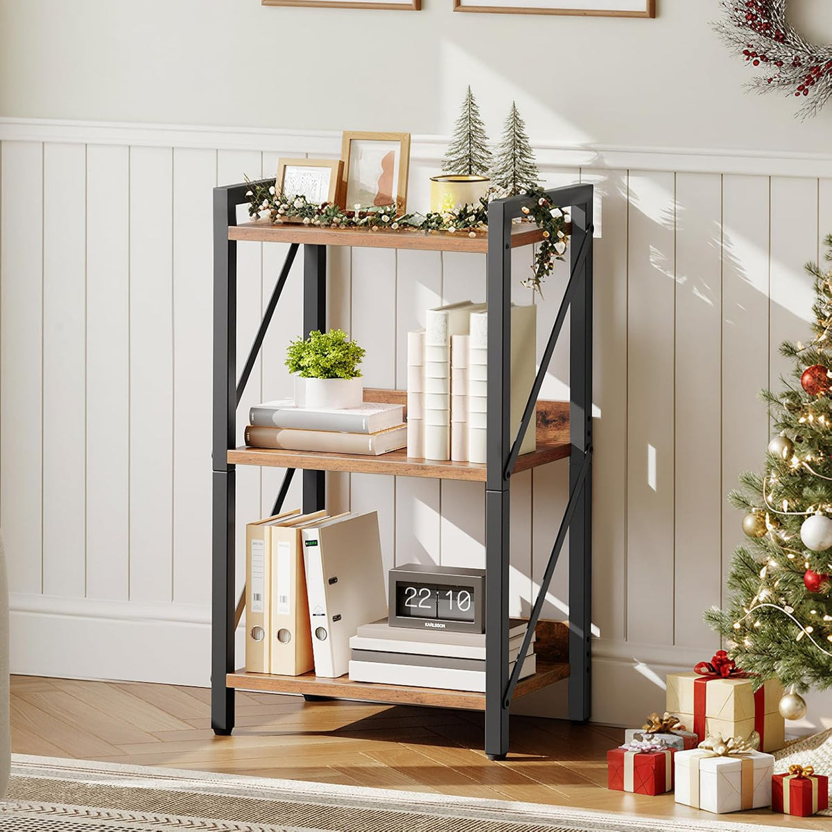 HOOBRO Bookshelf, 3-Tier Industrial Bookcase, Book Shelf Storage Organizer, S...