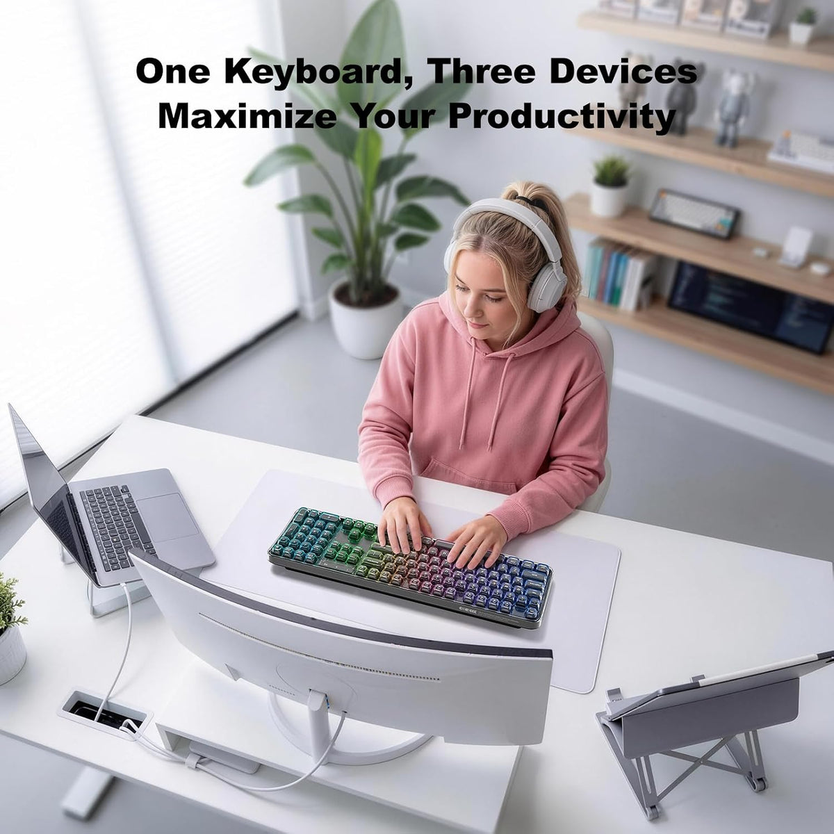 MOFII Tri-Mode Wireless Keyboard, Transparent Full-Size with RGB Backlit, Blu...