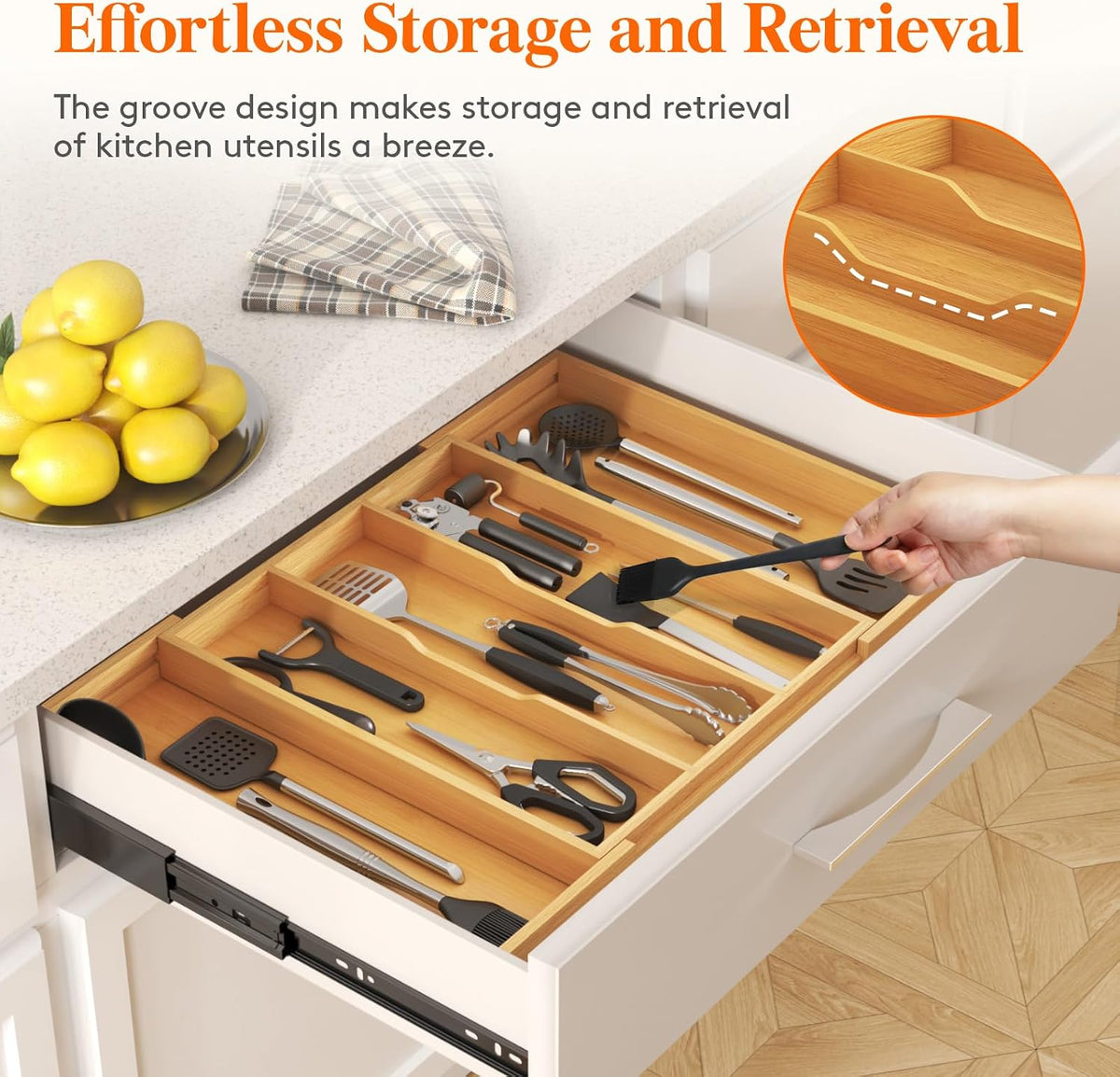 Lifewit Bamboo Utensil Organizer for Kitchen Drawer, Cooking Utensil Tray