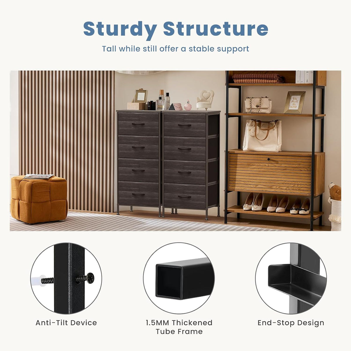 DUMOS Nightstand with 4 Drawers Bedside Table with Removable Fabric Bins Stur...