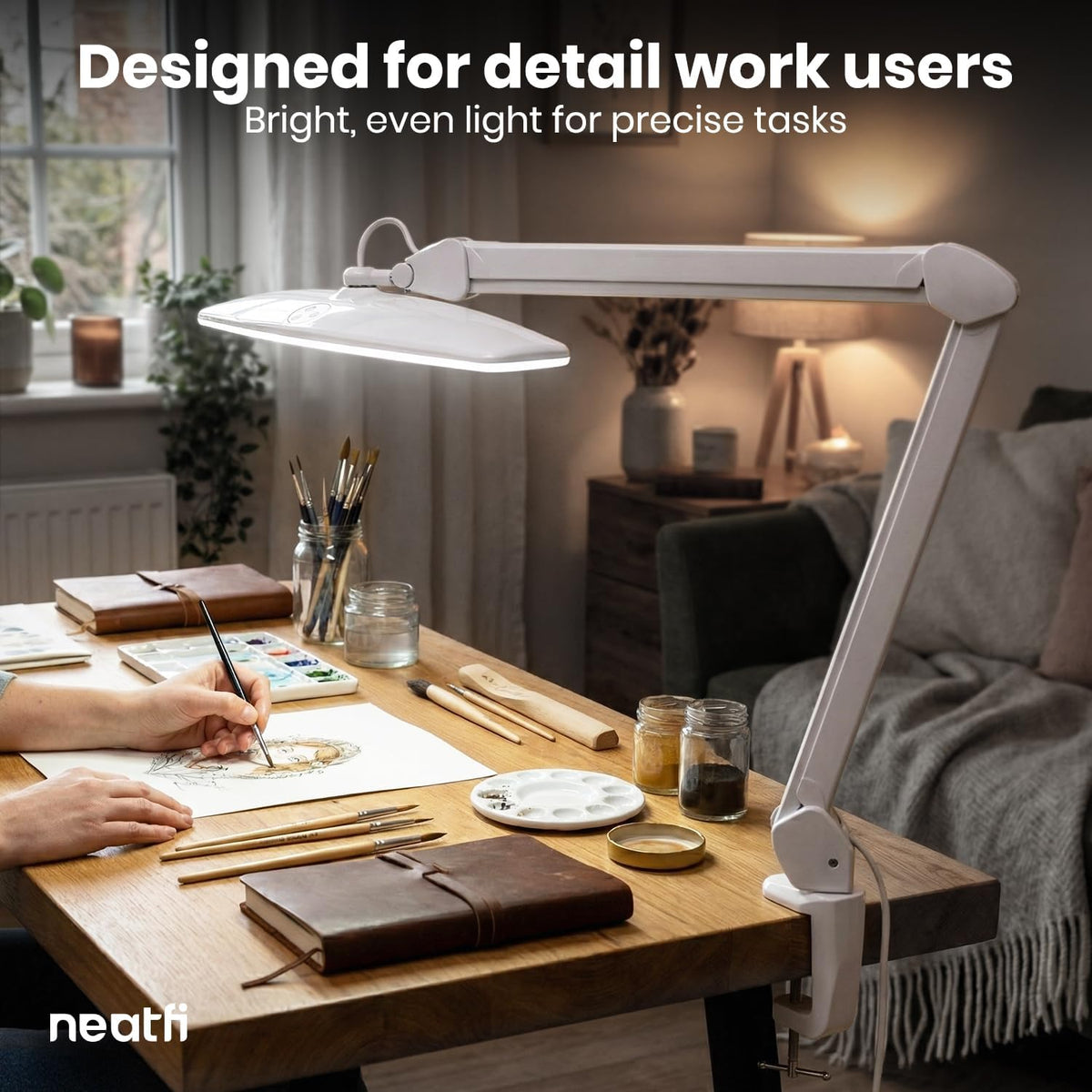 Neatfi Elite HD LED Desk Lamp, 1600 Lumens, 22-Inch Head, Clamp (White)