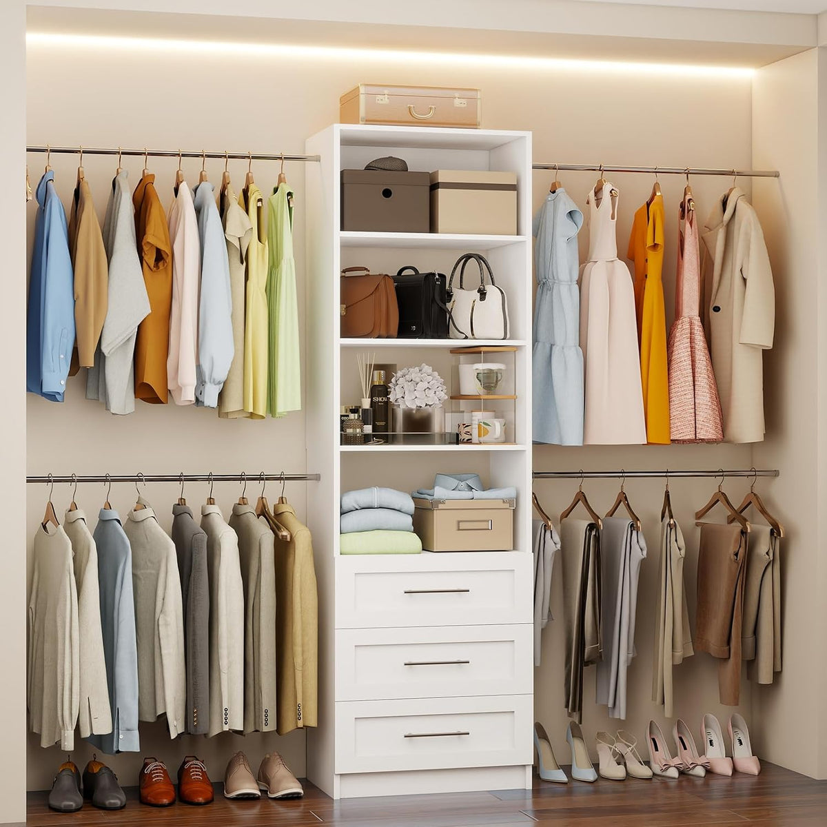 Fastgo Closet System with Drawers, 5-9FT Closet Organizer System with 4 Expan...