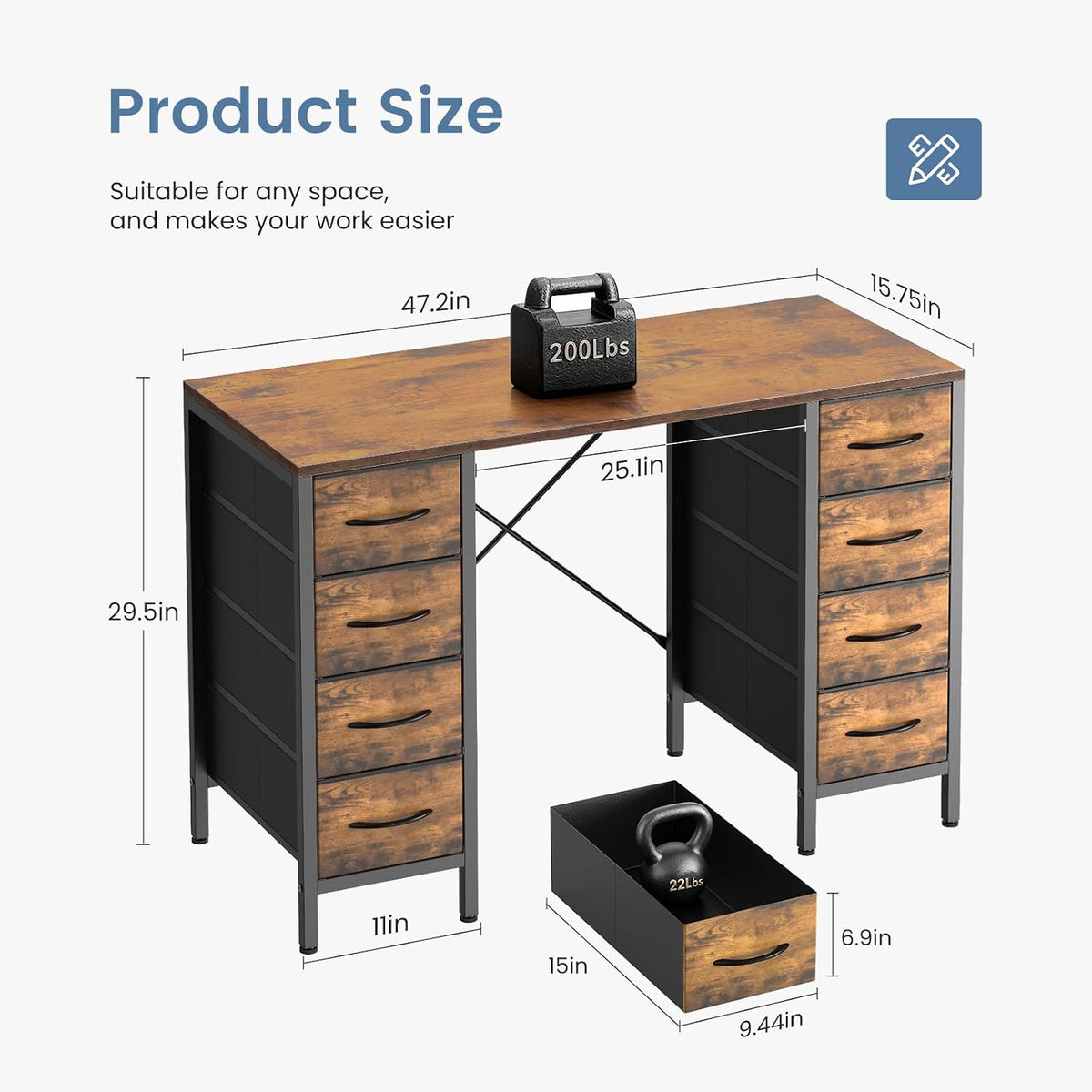 OLIXIS 47" Computer Desk with 8 Drawers, Home Office Workstation