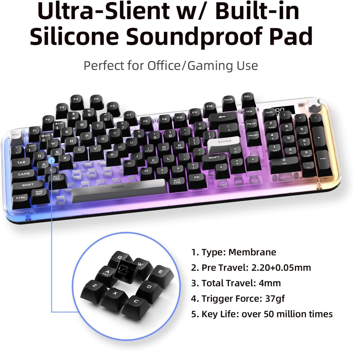AUSDOM K98pro Wireless Silent Creamy Keyboard, Tri-Mode BT/2.4G/USB-C Compute...