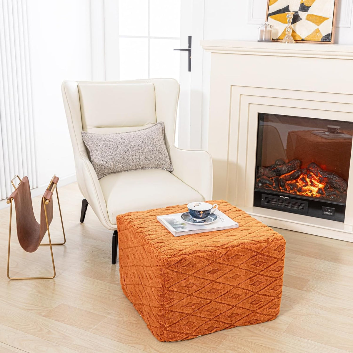 Square Ottoman Pouf,Couch FootRest,Footstool,Orange, 20x20x14 in