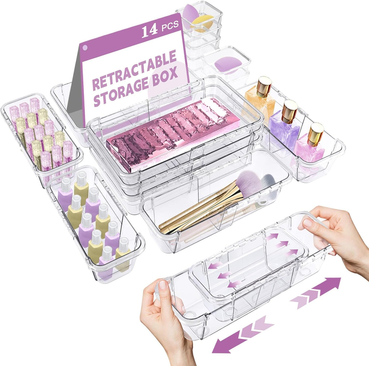 14 Pcs Adjustable Drawer Organizer, Clear Drawer Organizer Expendable