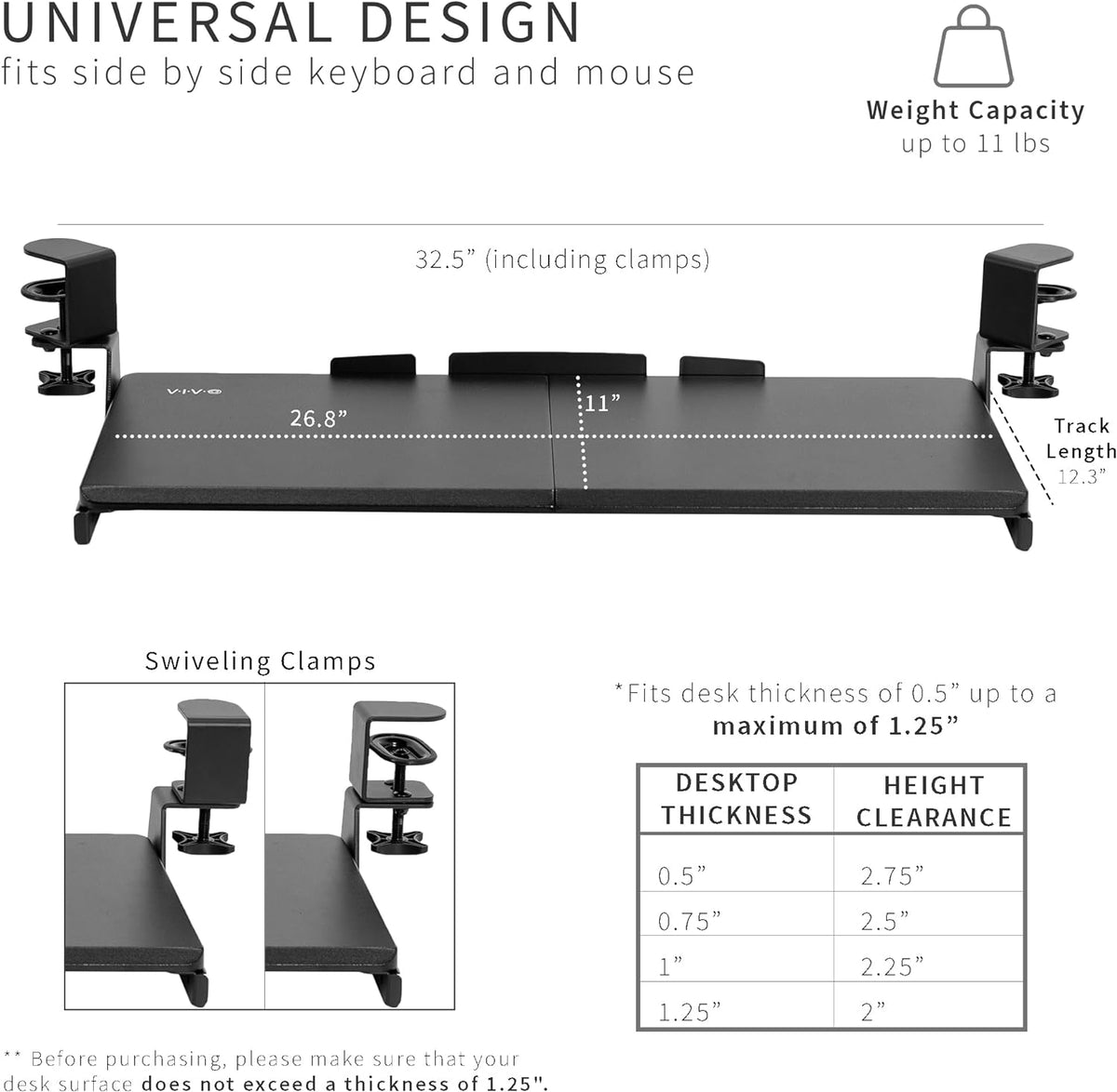 VIVO Black Clamp-on 27 x 11 in Keyboard Tray for Corner Desk, MOUNT-KB10C