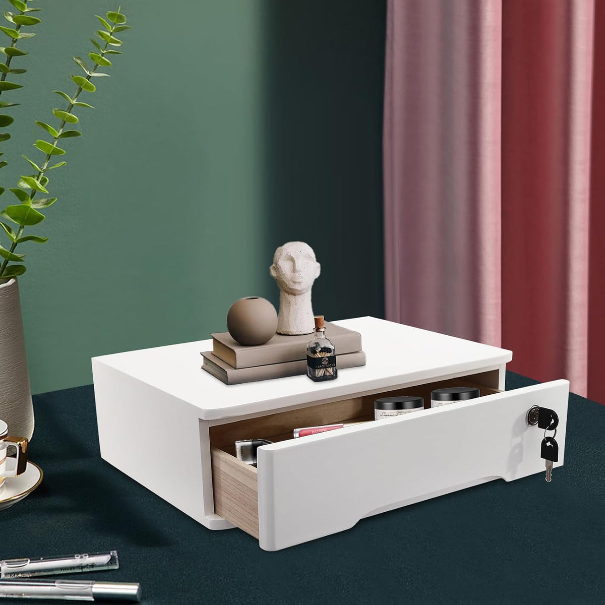 Wood Desk Organizer with Drawers, Lockable Desktop Countertop Storage Cabinet...